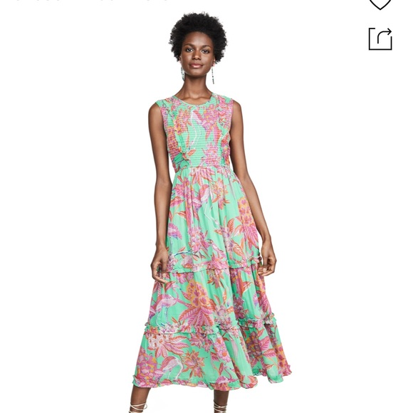 Banjanan Isha Flowy Midi Dress in Flamingo Rhododendron Green. Size XS - Picture 2 of 10